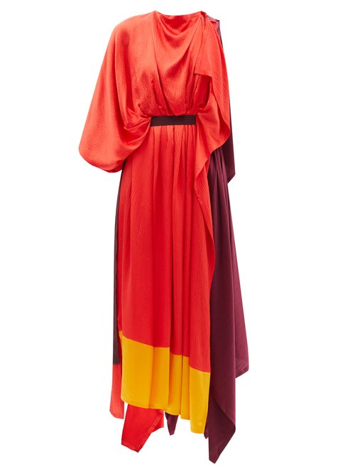 Roksanda - Yerba Asymmetric Colour-block Silk-satin Dress Red Multi