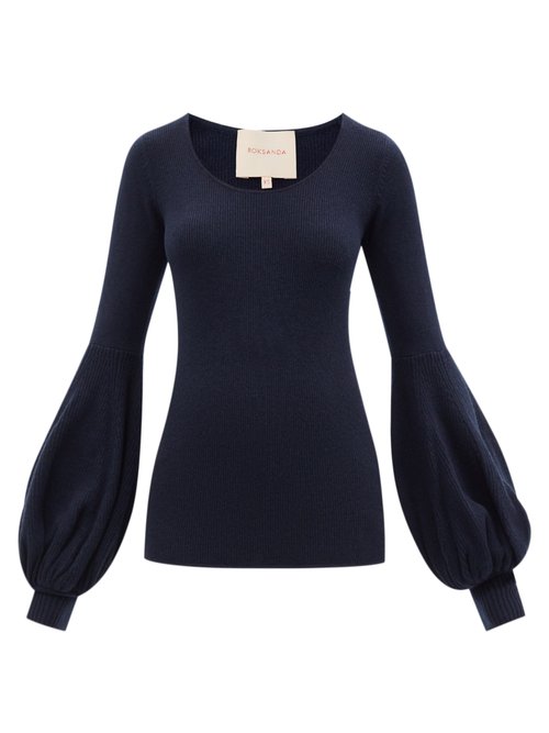 Roksanda - Sherene Bishop-sleeve Ribbed Wool-blend Sweater Navy