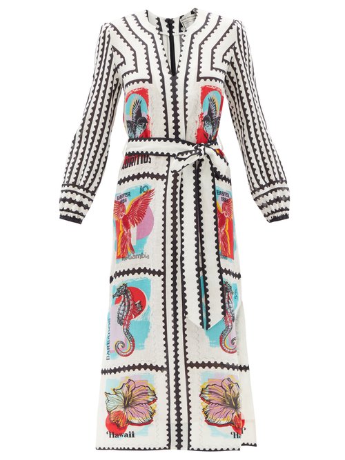 Mary Mare - Firenza Belted Stamp-print Linen Midi Dress Multi
