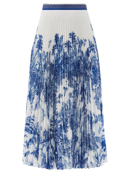 Mary Mare - High-rise Pleated Floral-print Midi Skirt Blue White Beachwear
