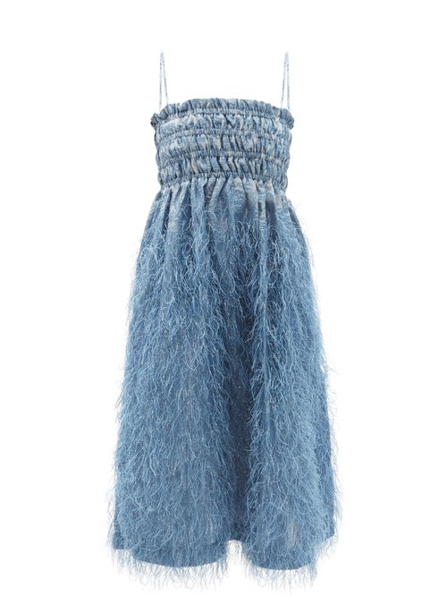 Ganni - Feather-trim Shirred Brocade Midi Dress Mid Blue