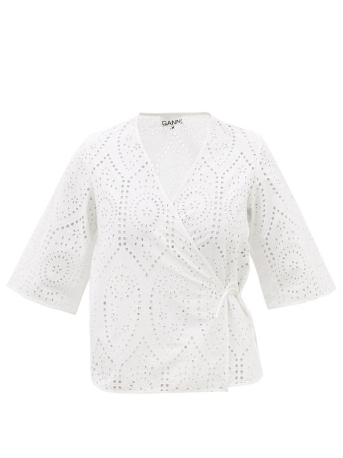 Ganni - Broderie-anglaise Organic-cotton Wrap Top White