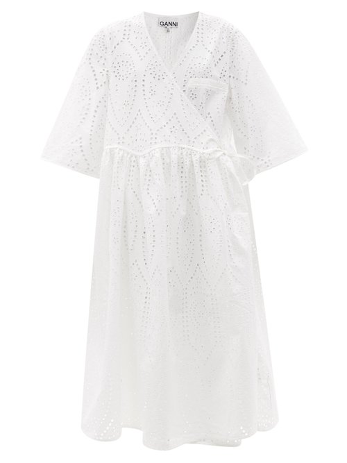 Ganni - Broderie-anglaise Organic-cotton Wrap Dress White