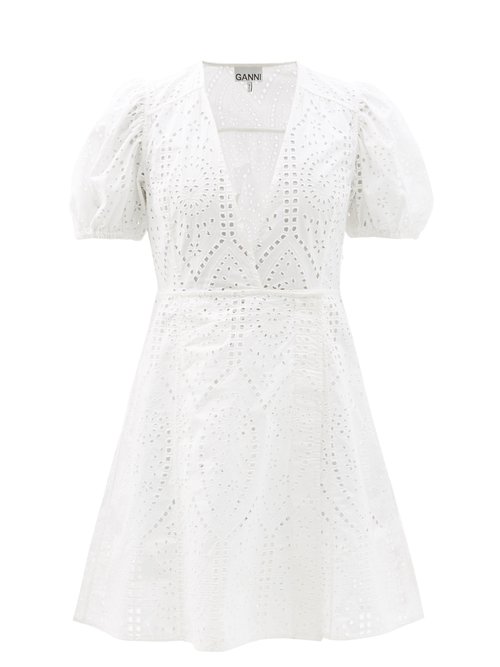 Ganni - Puff-sleeve Broderie-anglaise Organic-cotton Dress - Womens - White