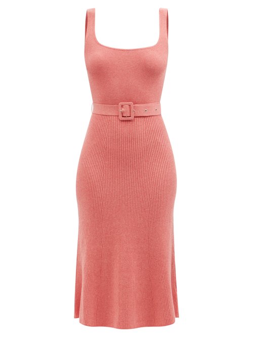 Joostricot - Belted Ribbed-knit Organic Cotton-blend Midi Dress Pink