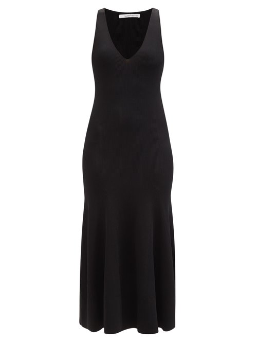 Another Tomorrow - V-neckline Ribbed Midi Dress Black