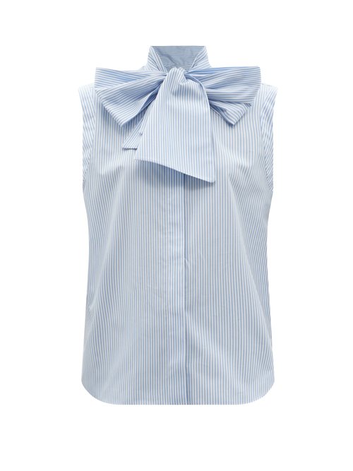 Another Tomorrow - Pussy-bow Striped Organic-cotton Poplin Top Blue White