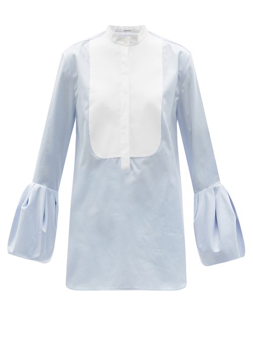 Another Tomorrow - Bell-sleeve Organic-cotton Poplin Blouse Blue White