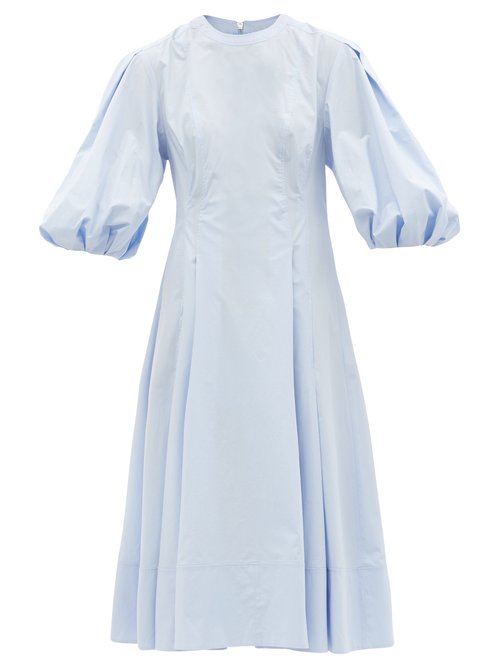 Another Tomorrow - Puff-sleeve Organic-cotton Poplin Midi Dress Blue