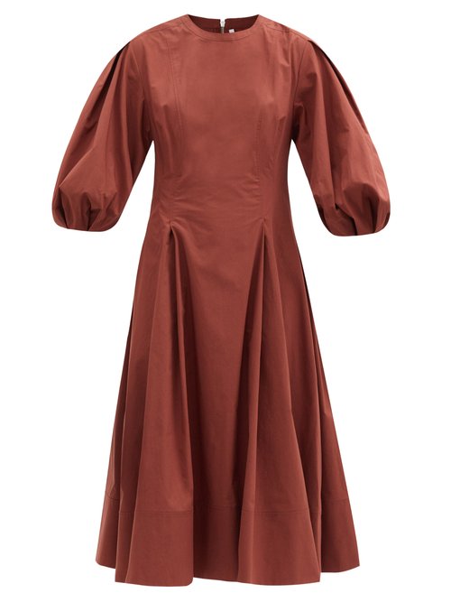 Another Tomorrow - Puff-sleeve Organic-cotton Poplin Midi Dress Brown