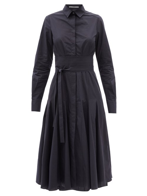 Another Tomorrow - Belted Godet-panelled Organic-cotton Shirt Dress Navy