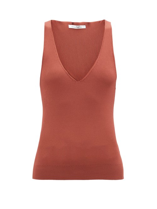 Another Tomorrow - V-neck Rib-knitted Tank Top Brown