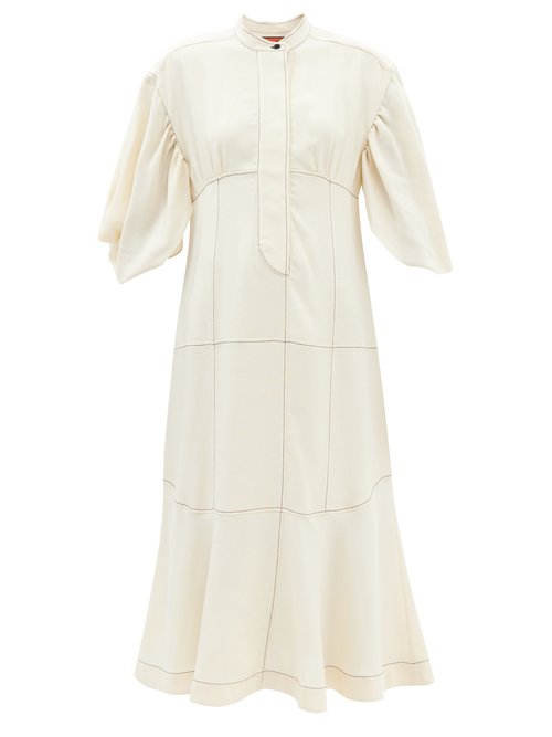 Colville - Puff-sleeve Topstitched Midi Dress Cream