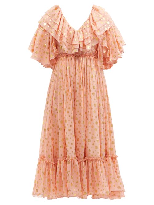 La DoubleJ - Birthday Ruffled Silk-blend Fil Coupé Midi Dress Light Pink