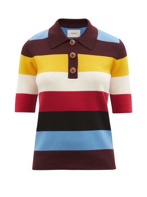 La DoubleJ - Striped Wool Polo Shirt Blue Stripe