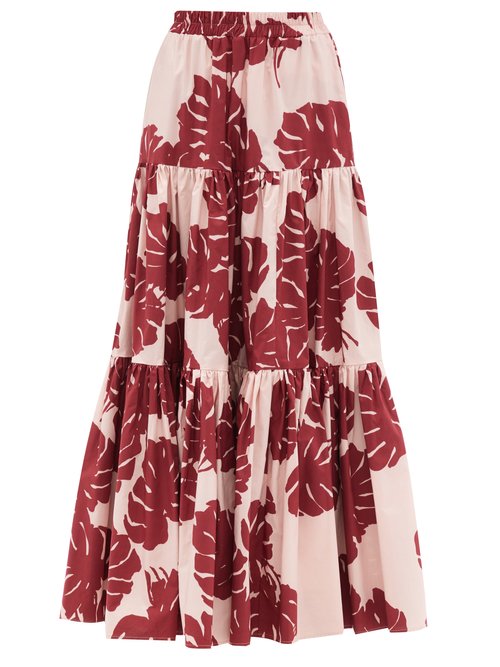 La DoubleJ - Big Tiered Monstera-print Cotton-poplin Skirt Pink Print Beachwear