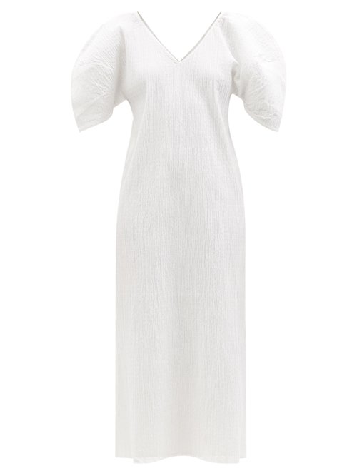 Mara Hoffman – Gracen Ruched Puffed-sleeve Midi Dress White