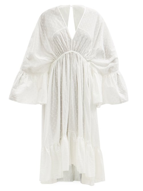 Loup Charmant - Sunrise V-neck Drawstring Organic-cotton Dress White Beachwear