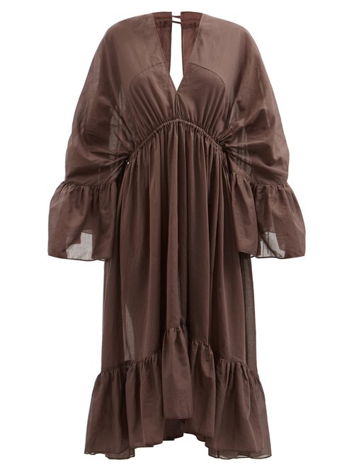 Loup Charmant - Sunrise V-neck Drawstring Organic-cotton Dress Brown Beachwear