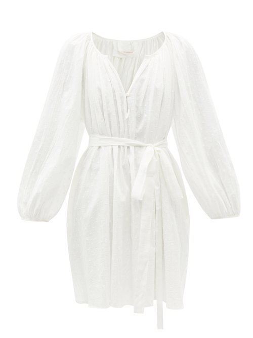 Loup Charmant - Gathered Swiss-dot Cotton-voile Dress White Beachwear