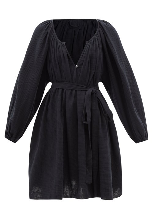 Loup Charmant - Gathered Puckered Cotton-voile Dress Black Beachwear