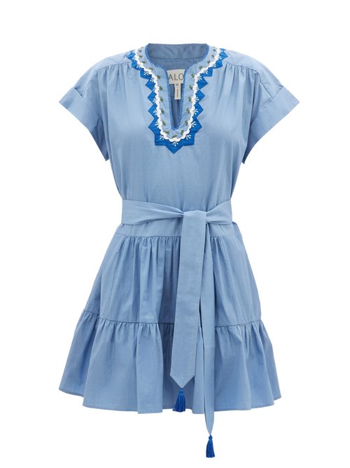Saloni - Ashley Belted Embroidered Cotton-poplin Midi Dress Light Blue