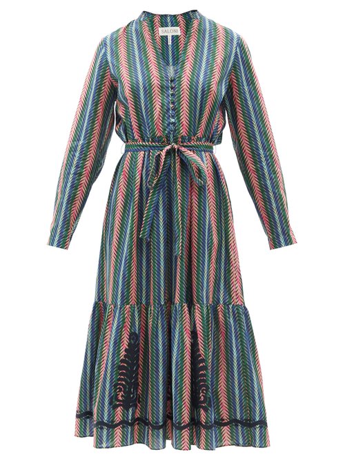 Saloni - Alexia Striped Appliqué Cotton Midi Dress Green