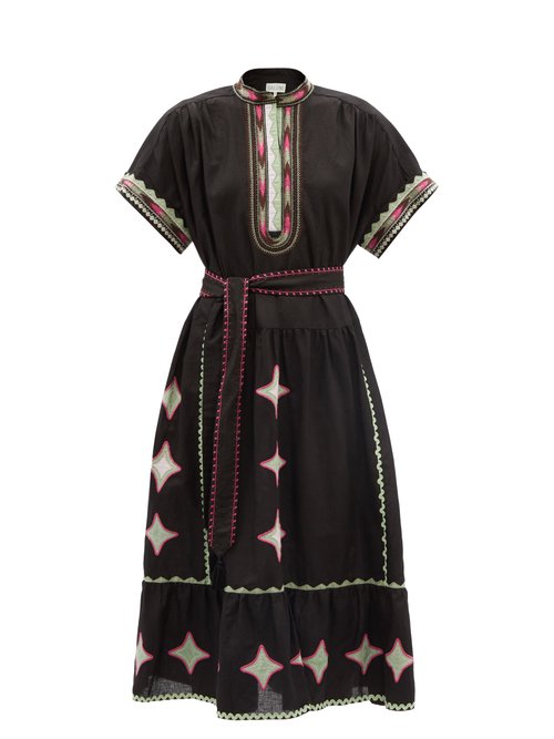 Saloni - Ashley Embroidered Cotton-blend Poplin Midi Dress Black Multi
