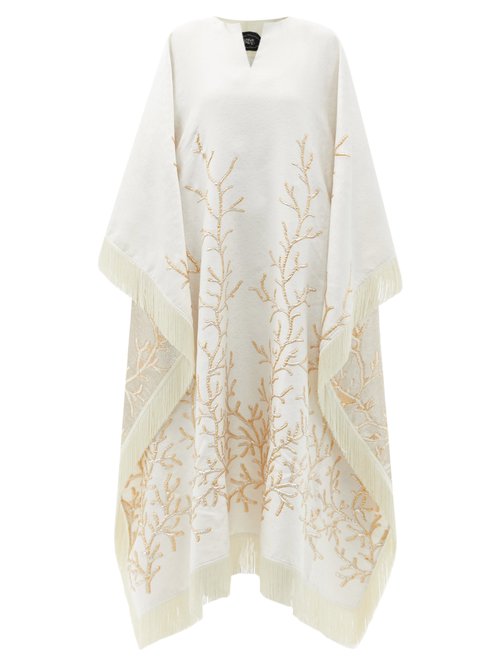 Buy Taller Marmo - Los Corales Fringed Jacquard Kaftan Dress Ivory online - shop best Taller Marmo clothing sales