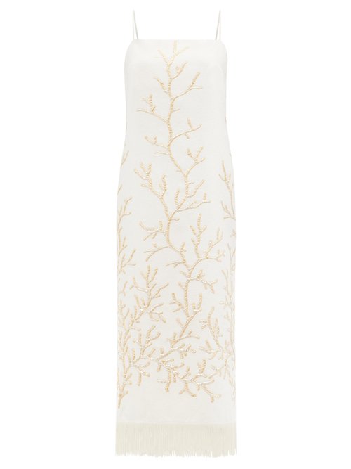 Taller Marmo - La Siesta Fringed Jacquard Midi Dress Ivory