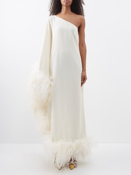Taller Marmo - Ubud One-shoulder Feather-trimmed Dress Ivory