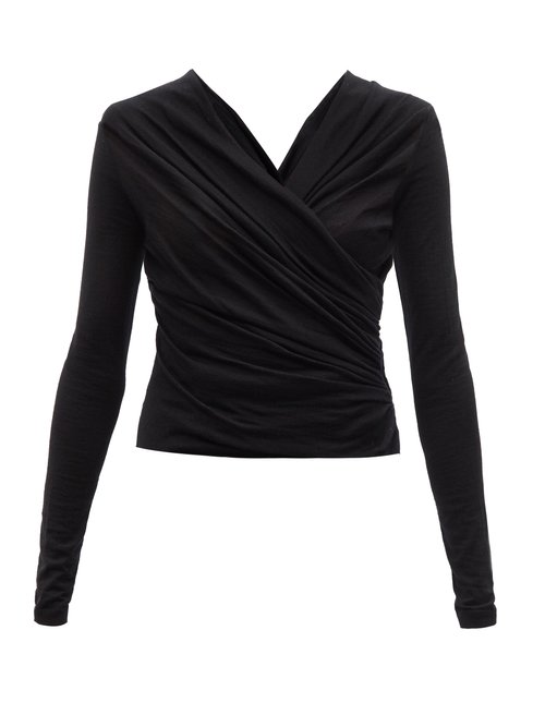 Buy Giambattista Valli - Gathered Cashmere-blend Jersey Wrap Top Black online - shop best Giambattista Valli 
