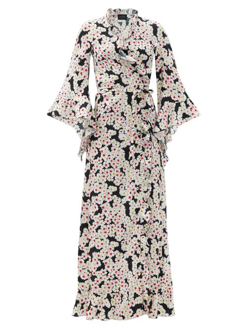 Julie De Libran - Fluted-sleeve Floral-jacquard Silk Wrap Maxi Dress White Multi
