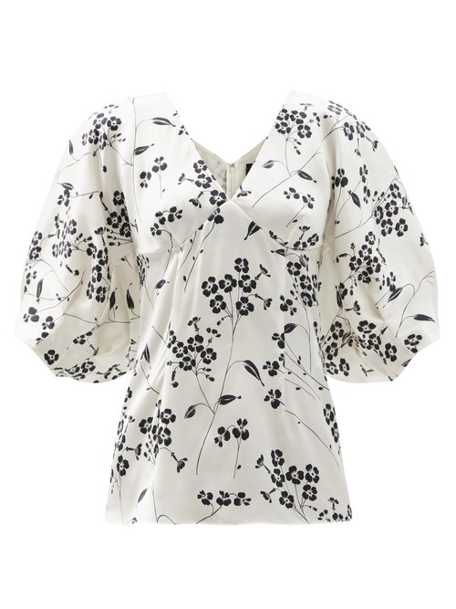Buy Julie De Libran - Gilda Puffed-sleeve Floral-print Silk Blouse White Black online - shop best Julie De Libran 