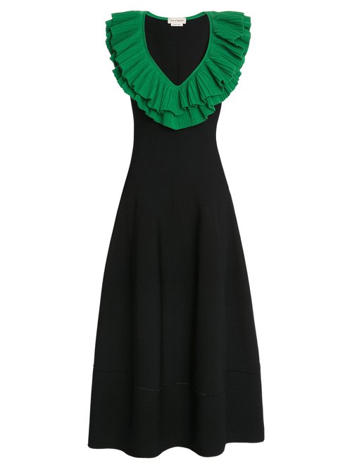 Alexander Mcqueen - Flounced Plunge-neck Jersey Dress Black Green