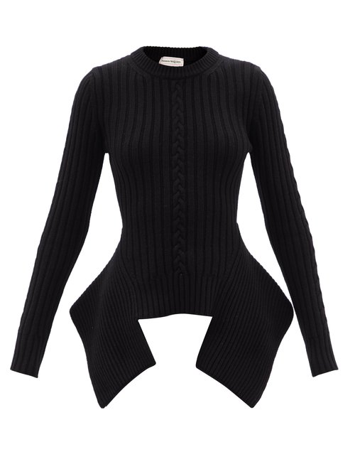 Alexander Mcqueen - Peplum-hem Ribbed-knit Wool-blend Sweater Black