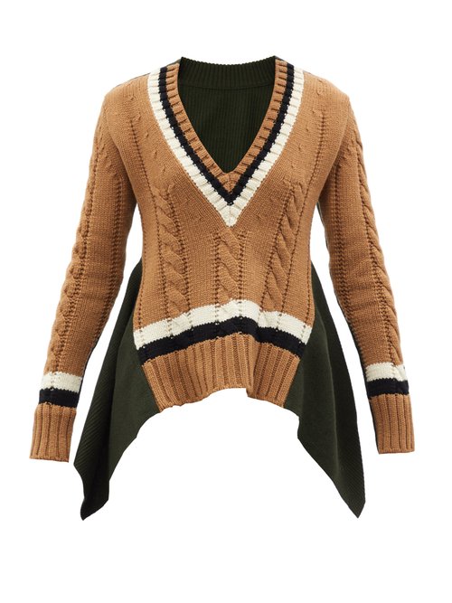 Sacai - V-neck Draped Cable-knit Wool Sweater Khaki Multi