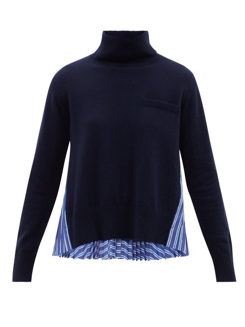 Sacai - Deconstructed Wool And Cotton Roll-neck Sweater Navy Stripe
