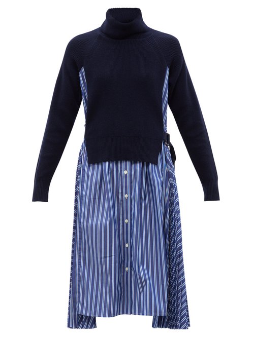 Buy Sacai - Roll-neck Striped Wool And Cotton Dress Navy Stripe online - shop best Sacai clothing sales