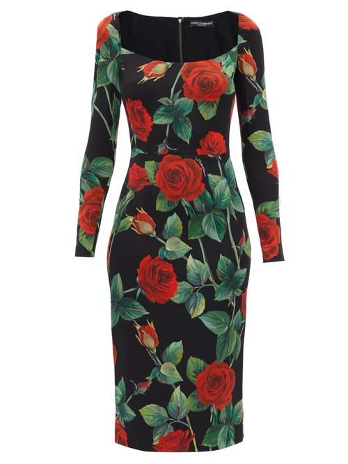 Buy Dolce & Gabbana - Rose-print Silk-blend Cady Midi Dress Red Multi online - shop best Dolce & Gabbana clothing sales