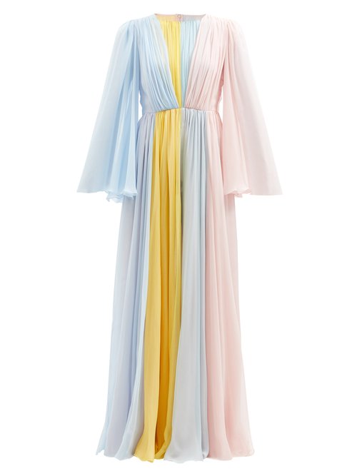 Dolce & Gabbana - Wide-sleeve Draped-bodice Silk-chiffon Gown Blue Multi