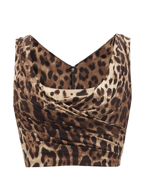 Dolce & Gabbana - Draped Leopard-print Silk-blend Satin Cropped Top Brown