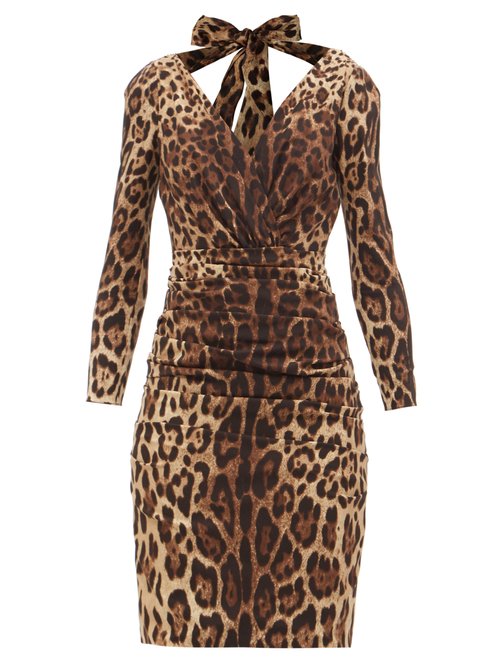 Dolce & Gabbana – Tie-back Leopard-print Silk-blend Jersey Dress Brown