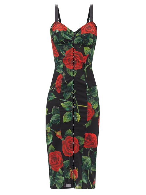 Dolce & Gabbana - Bustier-bodice Rose-print Midi Dress Red