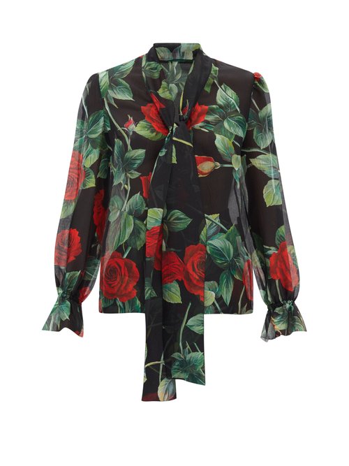 Buy Dolce & Gabbana - Rose-print Pussybow Silk-chiffon Blouse Red online - shop best Dolce & Gabbana 