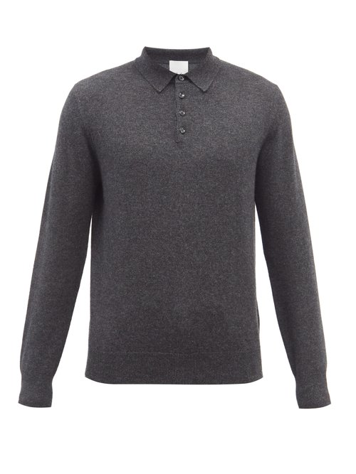 Allude Long-sleeve Cashmere Polo Shirt In Dark Grey