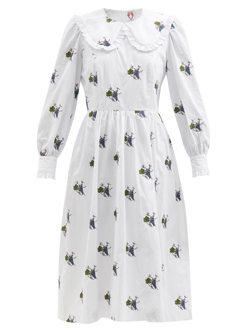 Shrimps - Ivy Climbing Grapes-embroidered Cotton Midi Dress White Multi