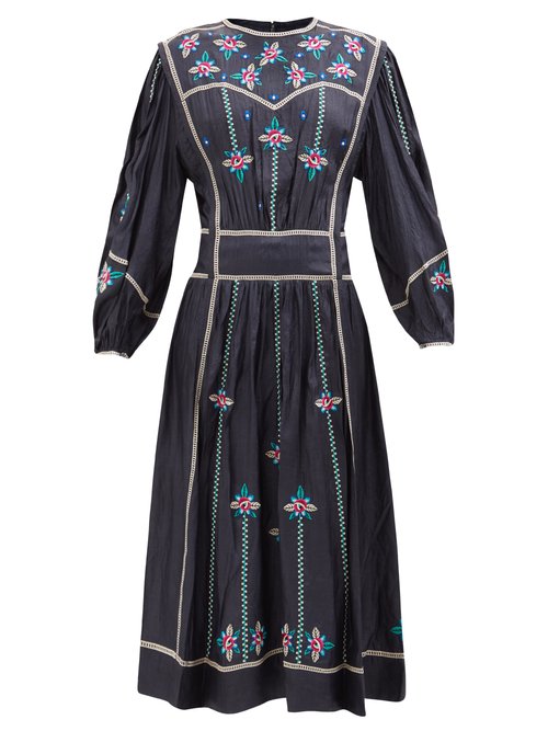 Buy Isabel Marant - Caroline Floral-embroidered Silk Midi Dress Black Multi online - shop best Isabel Marant clothing sales