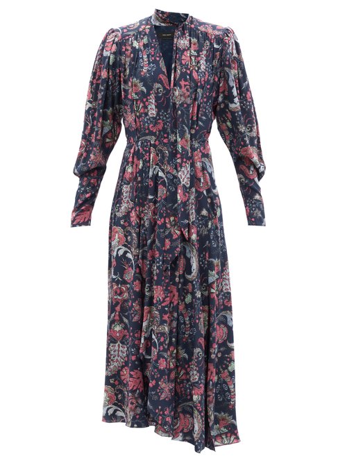 Isabel Marant - Bisma Floral-print Tie-neck Silk-blend Dress Navy Multi