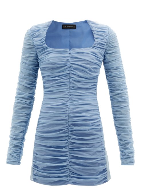 Buy David Koma - Square-neck Ruched Tulle Mini Dress Blue online - shop best David Koma clothing sales